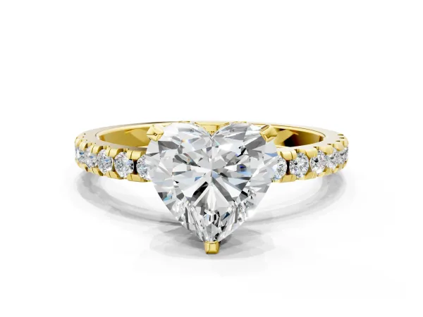 Heart Cut Diamond Solitaire Ring with Round Moissanite Pavé Band and Four-Prong Setting Yellow gold