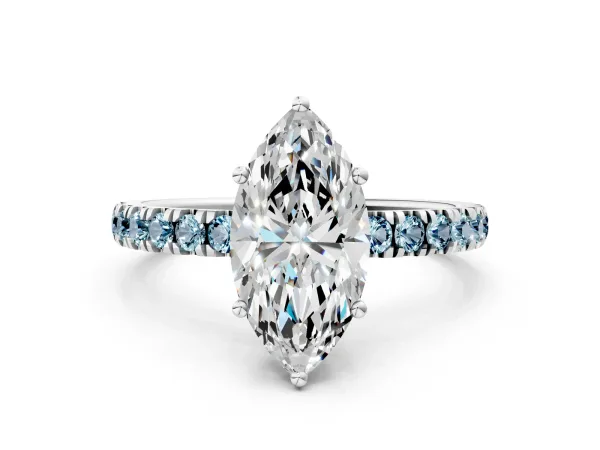 Marquise Cut Diamond Pave Band Solitaire Ring with Round Aquamarine and Prong Setting Platinum