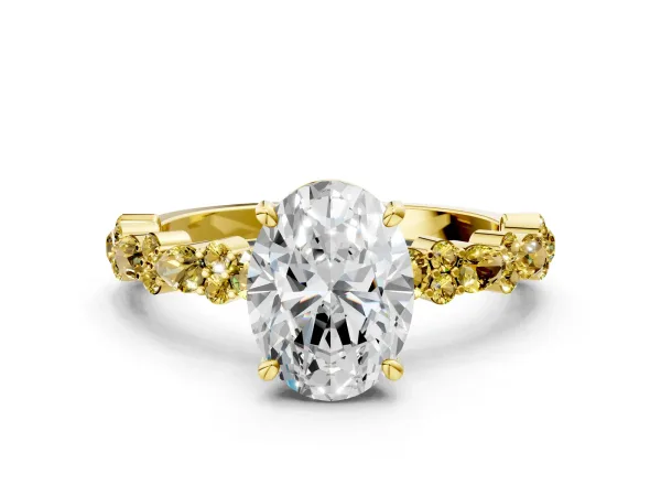 Oval Cut Diamond Side Stone Solitaire Ring with Round Yellow Sapphire and Four-Prong Setting Yellow gold