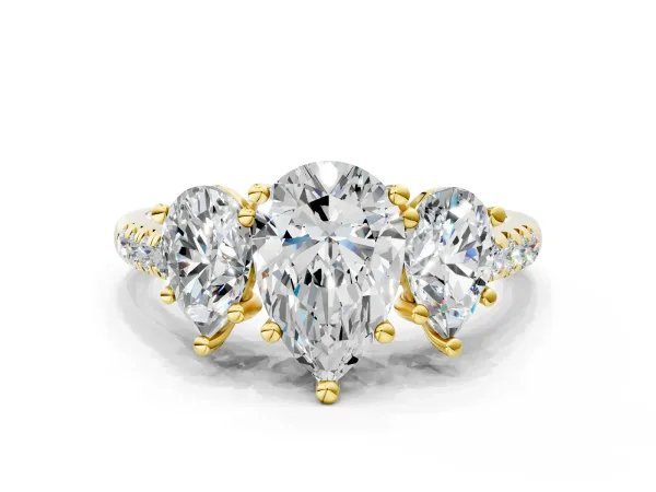 Three-Stone Pear Cut Diamond Ring with Round Pavé Band and Prong Setting Yellow gold