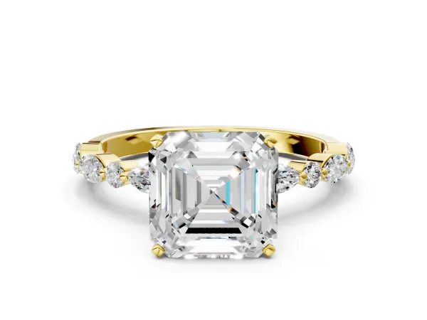 Asscher Cut Diamond Ring with Marquise and Round Moissanite Side Stones and Four-Prong Setting Yellow gold
