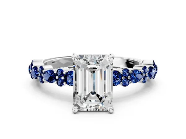 Emerald Cut Diamond Side Stone Solitaire Ring with Round Blue Sapphire and Four-Prong Setting White gold