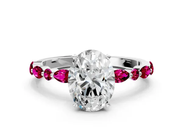 Oval Cut Diamond Ring with Marquise and Round Garnet Side Stones and Four-Prong Setting White gold