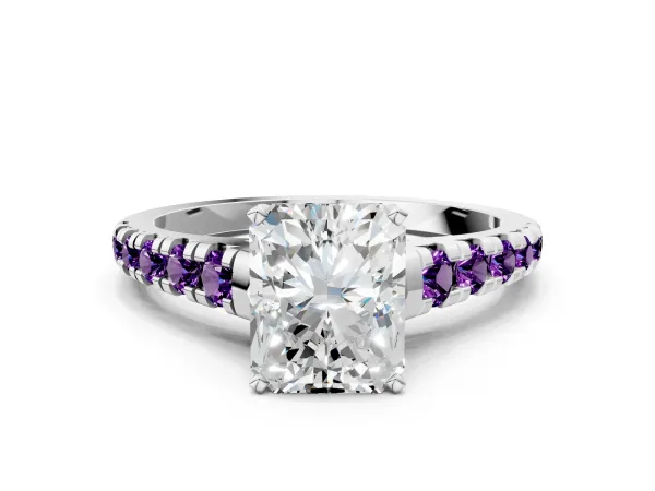 Radiant Cut Diamond Cathedral Solitaire Ring with Round Amethyst Pavé Band Platinum