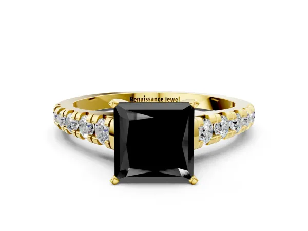 Fancy Black Princess Cut Diamond Cathedral Solitaire Ring with Round Pavé Band Yellow gold