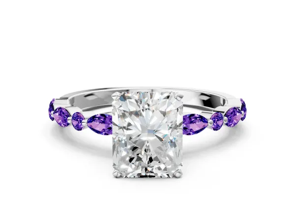 Radiant Cut Diamond Ring with Marquise and Round Tanzanite Side Stones and Four-Prong Setting White gold