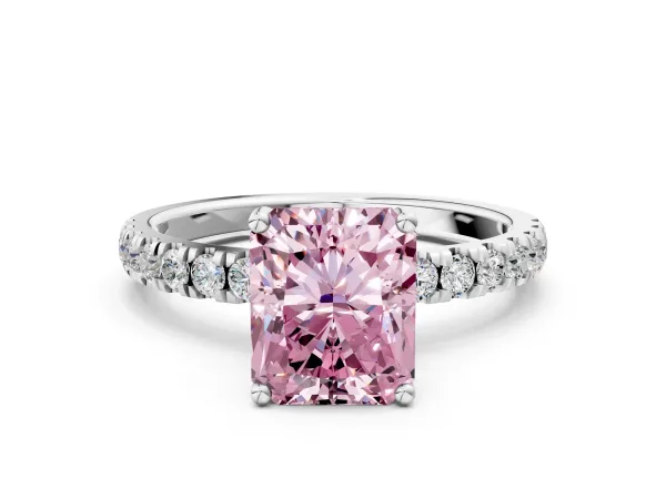 Fancy Pink Radiant Cut Diamond Pave Band Solitaire Ring with Round and Prong Setting Platinum