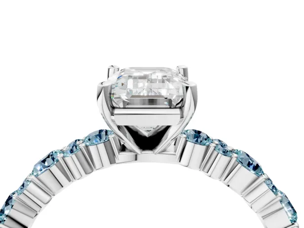 Emerald Cut Diamond Side Stone Solitaire Ring with Round Aquamarine and Four-Prong Setting White gold