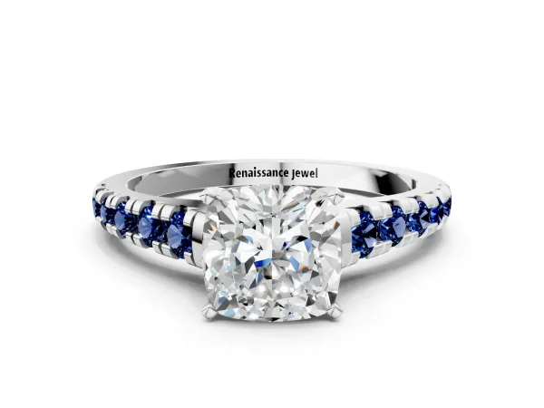 Cushion Cut Diamond Cathedral Solitaire Ring with Round Blue Sapphire Pavé Band Platinum
