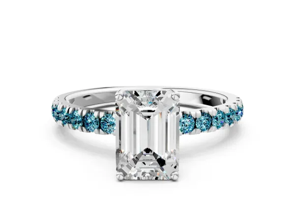 Emerald Cut Diamond Pave Band Solitaire Ring with Round Blue Topaz and Prong Setting Platinum