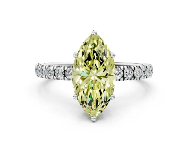 Fancy Yellow Marquise Cut Diamond Pave Band Solitaire Ring with Round and Prong Setting Silver