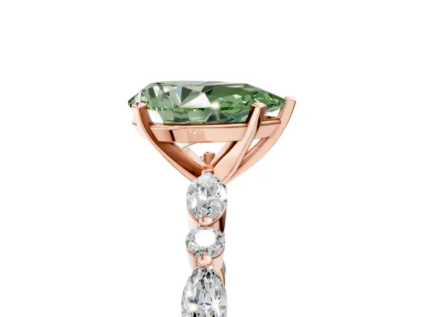 Fancy Green Pear Cut Diamond Ring with Marquise and Round Side Stones and Four-Prong Setting Rose gold