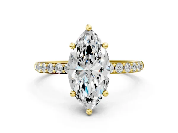 Marquise Cut Diamond Solitaire Ring with Round Moissanite Pavé Band and Prong Setting Yellow gold