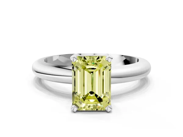 Fancy Yellow Emerald Cut Diamond Solitaire Engagement Ring with Round Band and Four-Prong Setting White gold