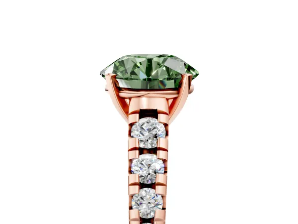 Fancy Green Round Cut Diamond Cathedral Solitaire Ring with Round Pavé Band Rose gold