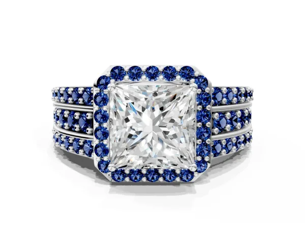 Princess Cut Halo Diamond Ring with Round Blue Sapphire Split Shank and Prong Setting Silver