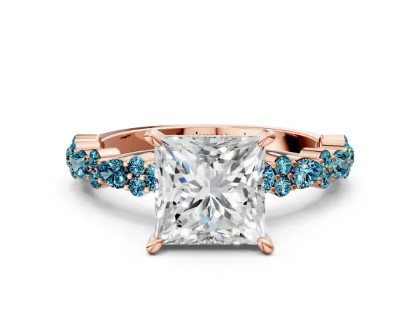 Princess Cut Diamond Side Stone Solitaire Ring with Round Blue Topaz and Four-Prong Setting Rose gold