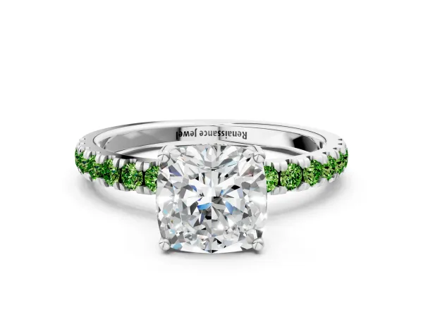 Cushion Cut Diamond Pave Band Solitaire Ring with Round Peridot and Prong Setting Silver