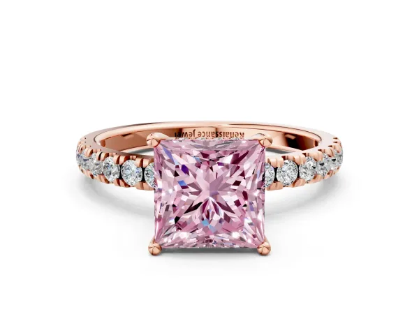 Fancy Pink Princess Cut Diamond Pave Band Solitaire Ring with Round and Prong Setting Rose gold