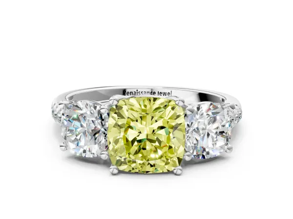 Fancy Yellow Three-Stone Cushion Cut Diamond Ring with Round Pavé Band and Prong Setting Silver