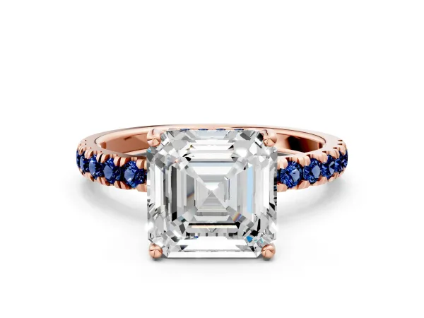 Asscher Cut Diamond Pave Band Solitaire Ring with Round Blue Sapphire and Prong Setting Rose gold