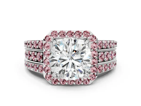 Round Cut Halo Diamond Ring with Round Morganite Split Shank and Prong Setting Silver