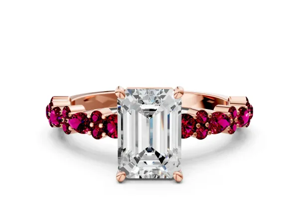 Emerald Cut Diamond Side Stone Solitaire Ring with Round Garnet and Four-Prong Setting Rose gold