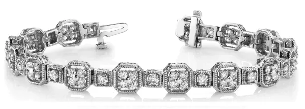 Vintage Milgrain Diamond Tennis Bracelet with Round Cut Stones and Prong Setting White gold