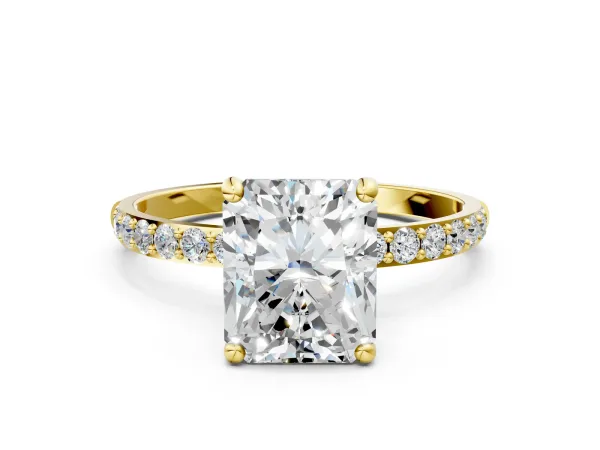 Radiant Cut Diamond Solitaire Ring with Round Pavé Band and Prong Setting Yellow gold