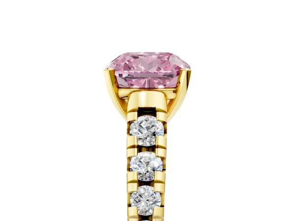 Fancy Pink Cushion Cut Diamond Cathedral Solitaire Ring with Round Pavé Band Yellow gold