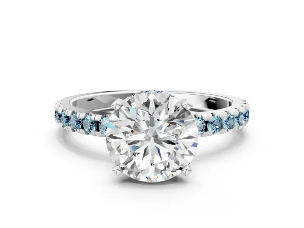 Round Cut Diamond Solitaire Ring with Round Aquamarine Pavé Band and Four-Prong Setting White gold