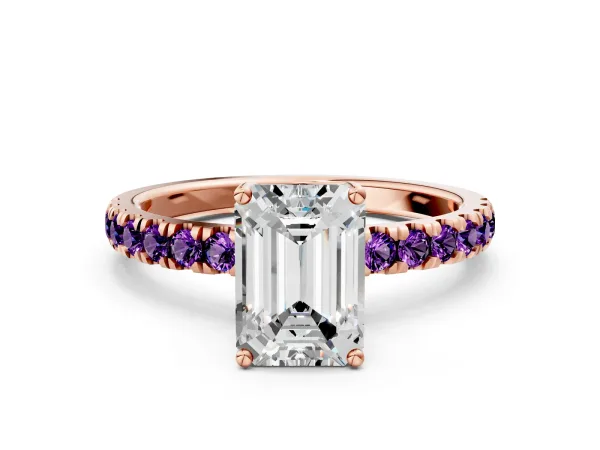 Emerald Cut Diamond Pave Band Solitaire Ring with Round Amethyst and Prong Setting Rose gold