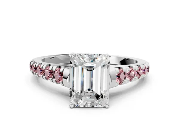 Emerald Cut Diamond Cathedral Solitaire Ring with Round Morganite Pavé Band White gold