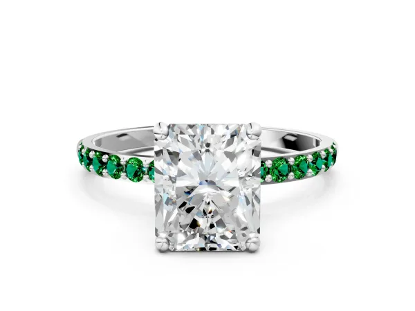 Radiant Cut Diamond Solitaire Ring with Round Emerald Pavé Band and Prong Setting Silver