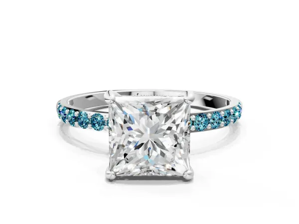 Princess Cut Diamond Solitaire Ring with Round Blue Topaz Pavé Band and Prong Setting Silver