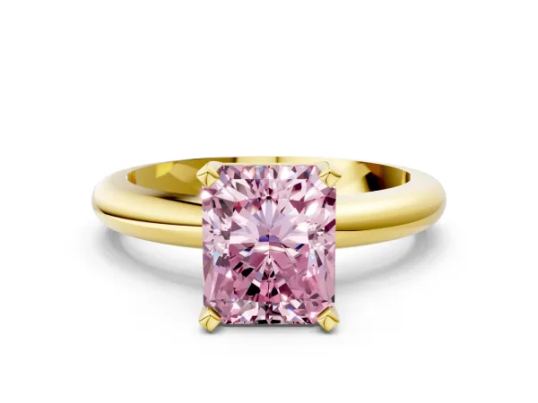Fancy Pink Radiant Cut Diamond Solitaire Engagement Ring with Round Band and Four-Prong Setting Yellow gold