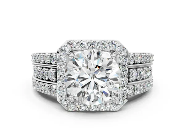 Round Cut Halo Diamond Ring with Round Split Shank and Prong Setting Platinum