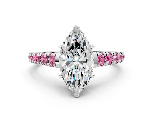 Marquise Cut Diamond Cathedral Solitaire Ring with Round Pink Sapphire Pavé Band White gold
