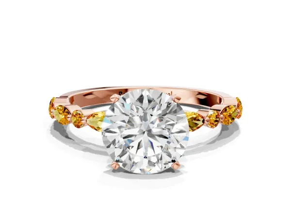 Round Cut Diamond Ring with Marquise and Round Citrine Side Stones and Four-Prong Setting Rose gold