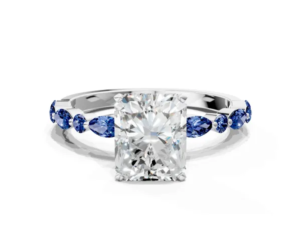 Radiant Cut Diamond Ring with Marquise and Round Blue Sapphire Side Stones and Four-Prong Setting Platinum