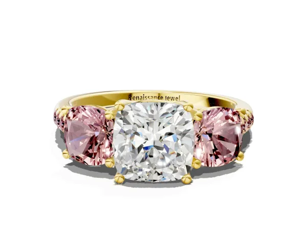 Three-Stone Cushion Cut Diamond Ring with Round Morganite Pavé Band and Prong Setting Yellow gold