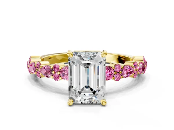 Emerald Cut Diamond Side Stone Solitaire Ring with Round Pink Sapphire and Four-Prong Setting Yellow gold