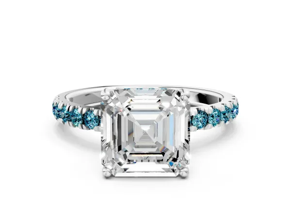 Asscher Cut Diamond Pave Band Solitaire Ring with Round Blue Topaz and Prong Setting Platinum