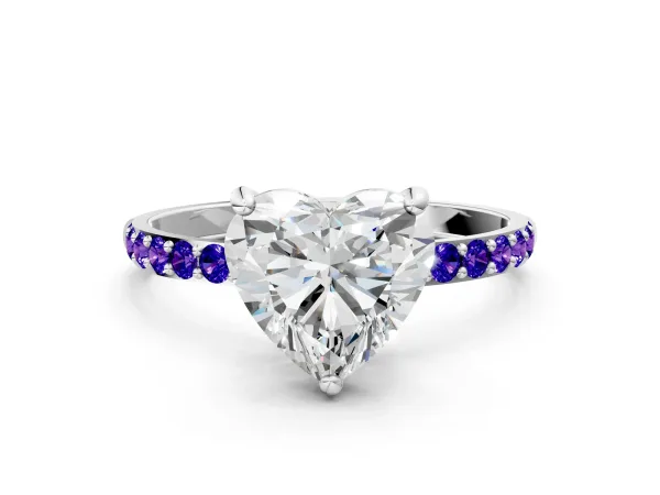Heart Cut Diamond Solitaire Ring with Round Tanzanite Pavé Band and Prong Setting Silver