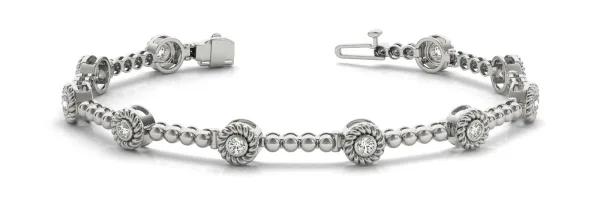 Round Bezel Set Diamond Tennis Bracelet with Beaded Band White gold