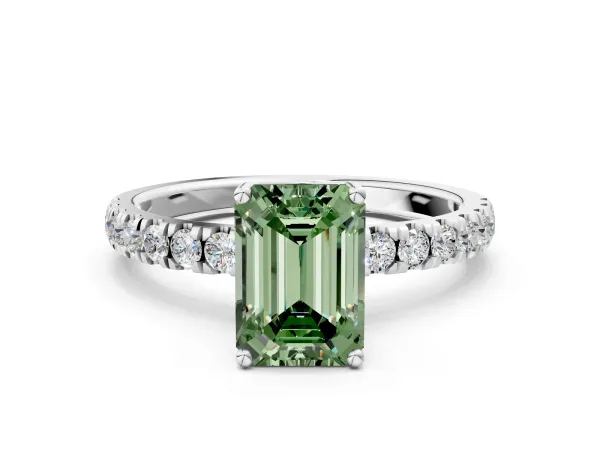 Fancy Green Emerald Cut Diamond Pave Band Solitaire Ring with Round and Prong Setting Silver