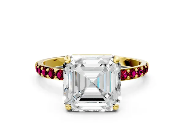 Asscher Cut Diamond Solitaire Ring with Round Garnet Pavé Band and Prong Setting Yellow gold