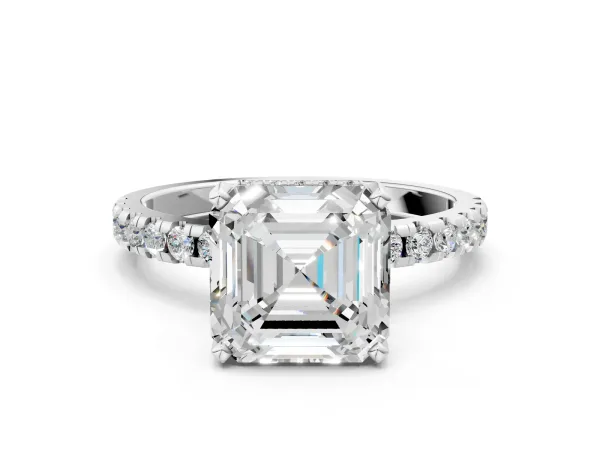 Asscher Cut Diamond Solitaire Ring with Round Pavé Band and Four-Prong Setting Silver