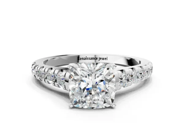Cushion Cut Diamond Cathedral Solitaire Ring with Round Pavé Band White gold
