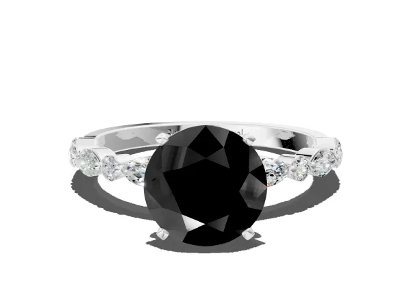 Fancy Black Round Cut Diamond Ring with Marquise and Round Side Stones and Four-Prong Setting White gold